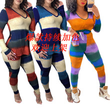 DY6625新款亚马逊Wish秋季外贸女装坑条数码印花套装休闲两件套