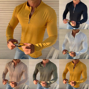 Spring and summer new solid color front middle zipper stand up collar T-Shirt Top