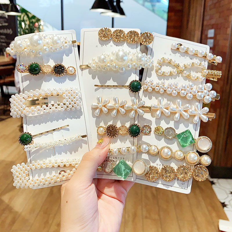 新款欧美珍珠发夹皇冠爱心百搭鸭嘴夹成人女童简约发饰套装批发|ru