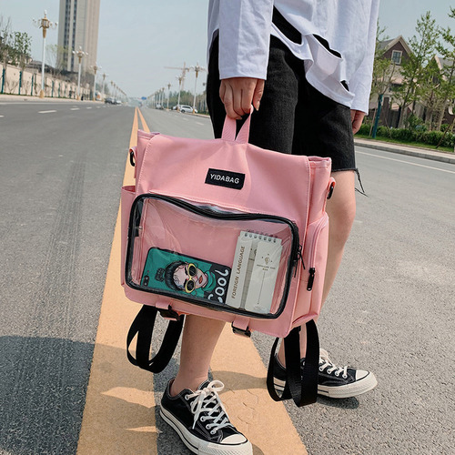 Japanese animation peripheral soft girl creative transparent backpack pain bag funny personality diy badge doll schoolbag female