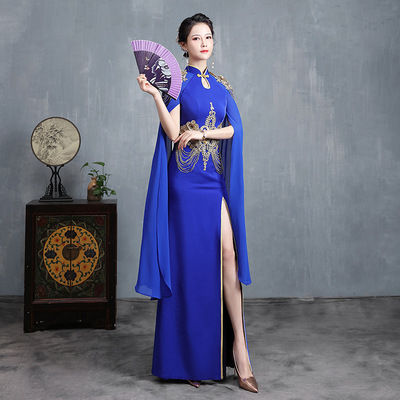 Women Royal blue Chinese dresses singers host performance cheongsam dress long chorus guzheng performance dress