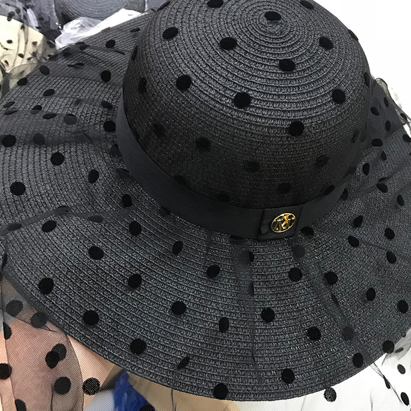 Dot Mesh Straw Hat Summer Vacation Beach Hat Wide Brim Summer Hat display picture 5