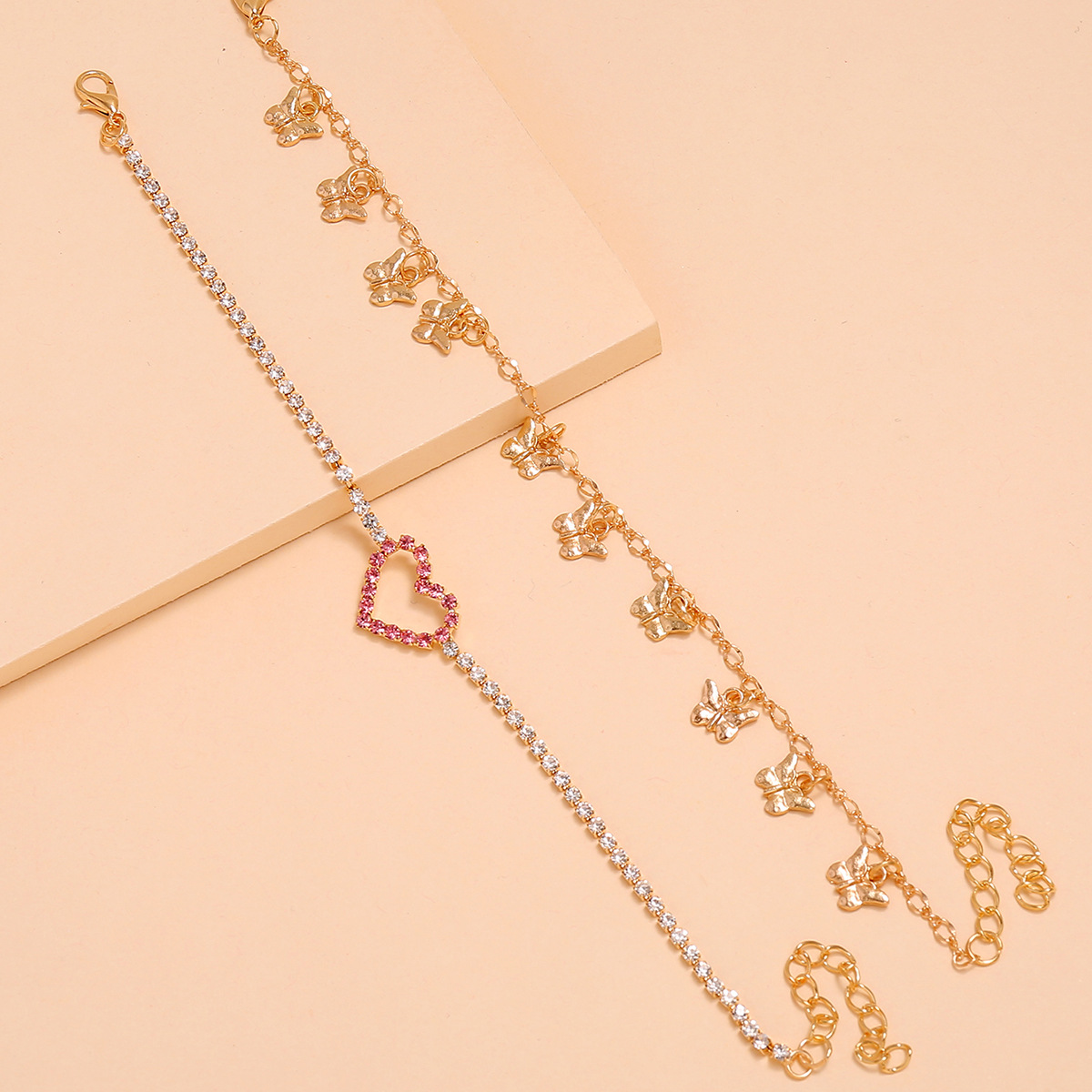 Simple Sweet Pink Love Heart-shaped Peach Heart Claw Chain Butterfly Tassel Foot Ornaments Multi-layer Two-piece Anklet display picture 5