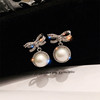 Short earrings with bow from pearl, South Korean fashionable goods, fresh silver needle, city style, internet celebrity