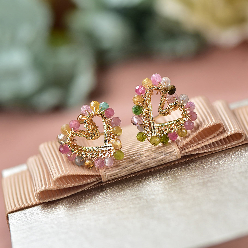 Tourmaline, Copper Material 1 Pair Retro Classic Style Heart Shape Tourmaline Copper 14K Gold Plated Ear Studs