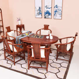 艺铭天下红木家具缅甸花梨腰形茶桌椅组合大果紫檀泡茶桌茶台