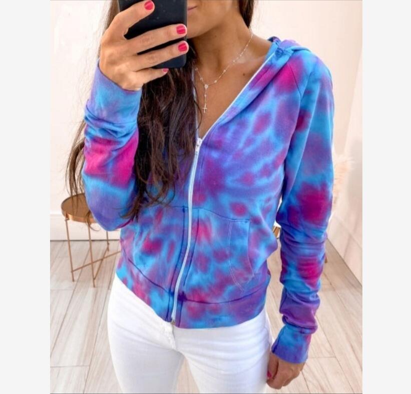 Zipper Hooded Cardigan Tie-Dye Print Long-Sleeved Loose Sweatshirt NSBTY62704