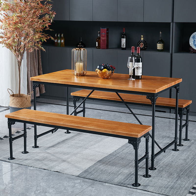 American Style Solid Wood Iron Art Restaurant Household Dining Table Long Table and Chair Combination Retro Industrial Style Dining Table and Chair