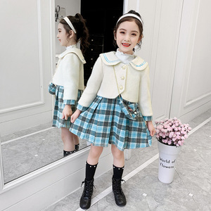 2020秋季新款女童中大童韩版格子呢子两件套韩版儿童裙+外套套装
