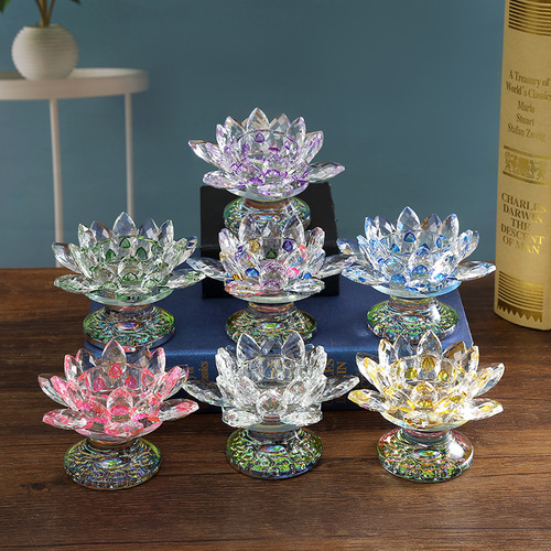 Chinese style tall crystal lotus butter lamp for Buddha white crystal lotus candle lamp holder home Buddhist hall lamp decoration