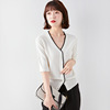 V-neck thin ice silk Pullover new women’s mid sleeve loose contrast T-shirt in spring and summer of 2021