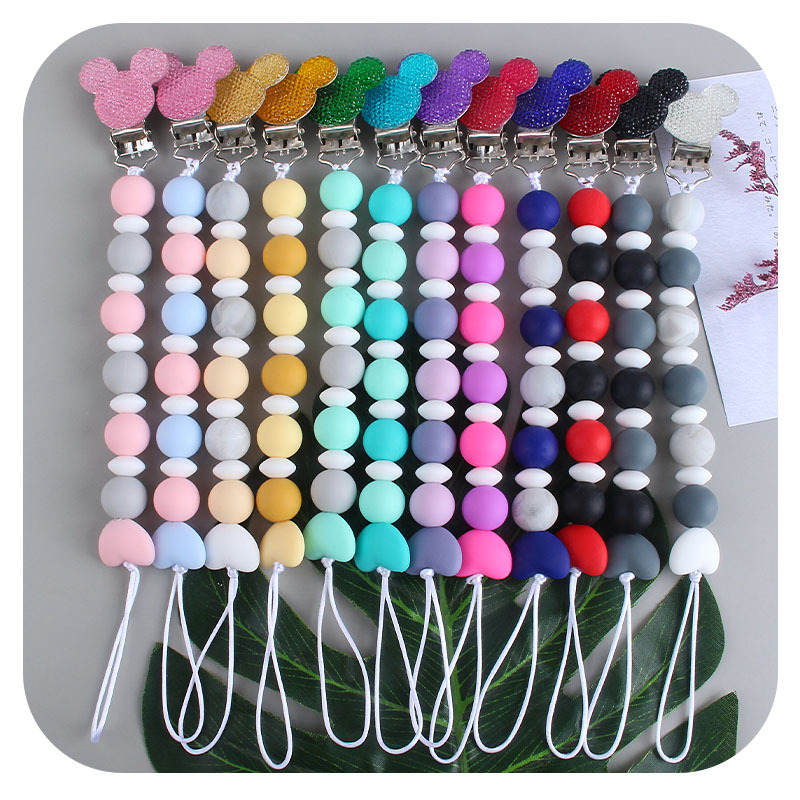 Venta caliente bebé suministros Mickey chupete clip de juguete mordedor bebé calmante silicona amor chupete cadena anti-gota cadena