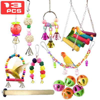 亚马逊13件套鸟笼配件鹦鹉啃咬秋千吊桥玩具球站棒组全套装玩具