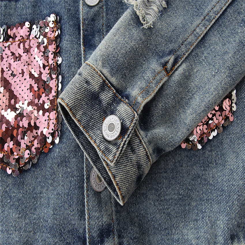 Girls Denim Jacket With Sequins For Autumn And Spring Style_voghion.com
