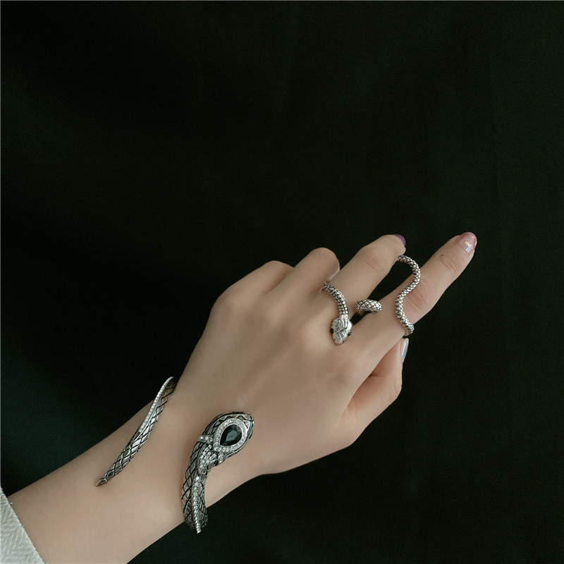 retro antique silver snake totem gemstone diamond exaggerated opening bracelet