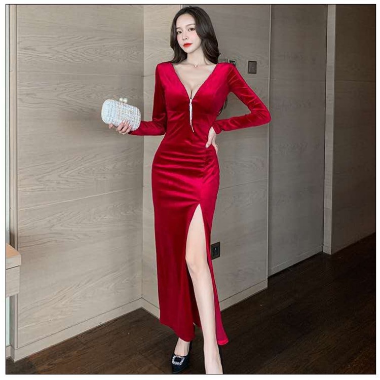 2020秋冬新款 性感深v高开衩长袖金丝绒打底中长款礼服连衣裙5123