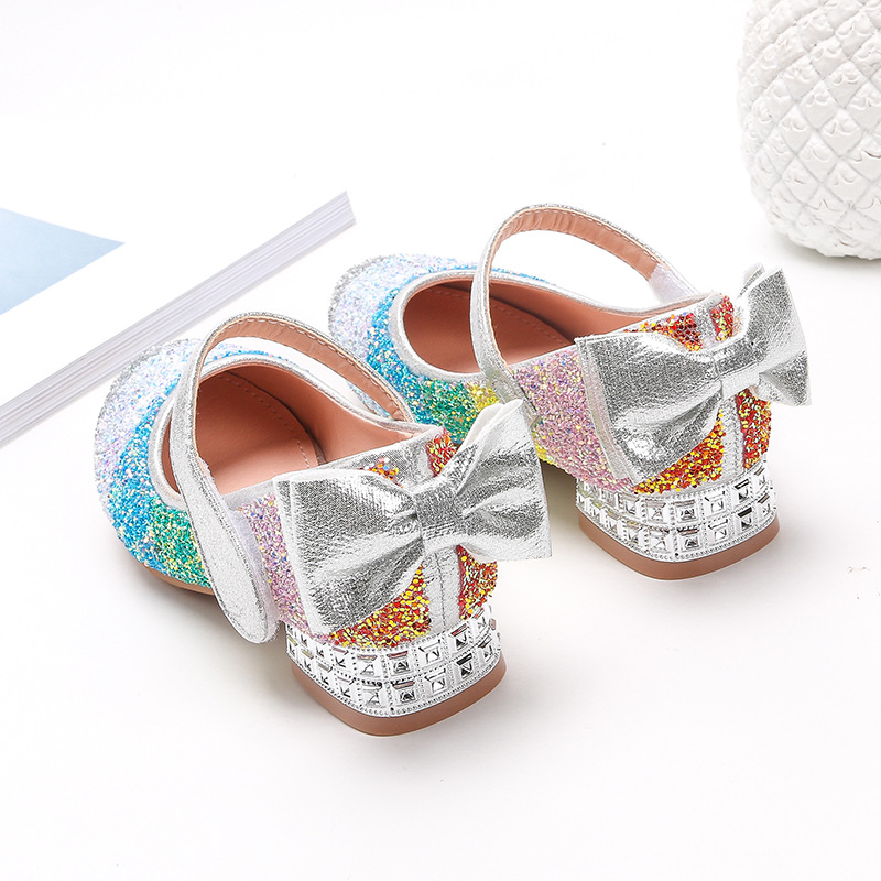 2023 nuevas niñas Arco Iris lentejuelas princesa zapatos de cristal de los niños tacones altos niñas zapatos solos