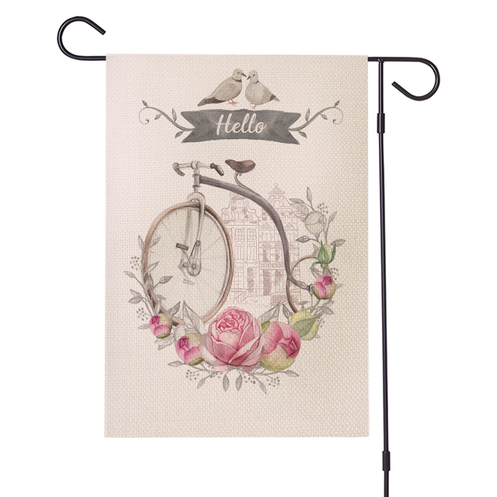 跨境热销 温馨单车系列水亚麻花园旗 双面庭院节日旗 支持定制
