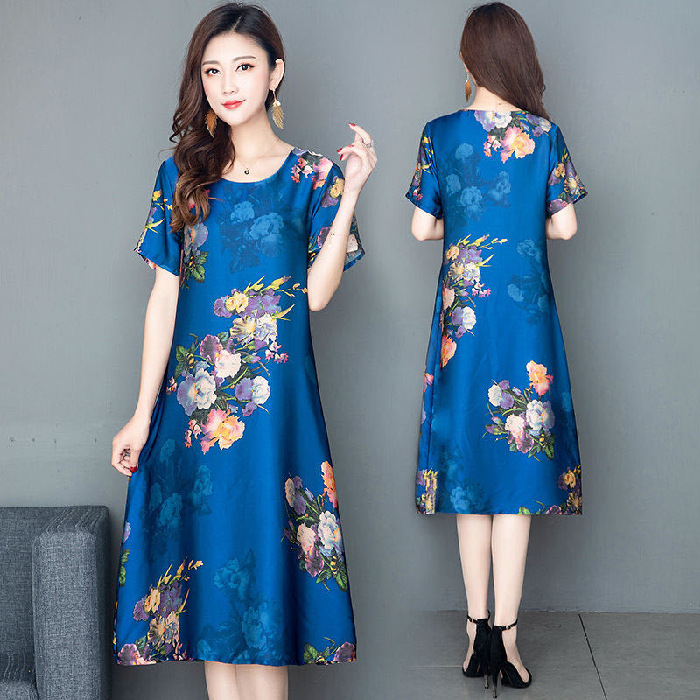2020夏新款清凉面料圆领时尚中长款连衣裙