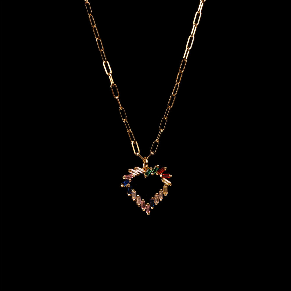 New Fashion Simple Style  Thick Chain Necklace Color Zircon Hollow Heart Love Pendant Hip-hop Stainless Steel  Necklace Nihaojewelry Wholesale display picture 6