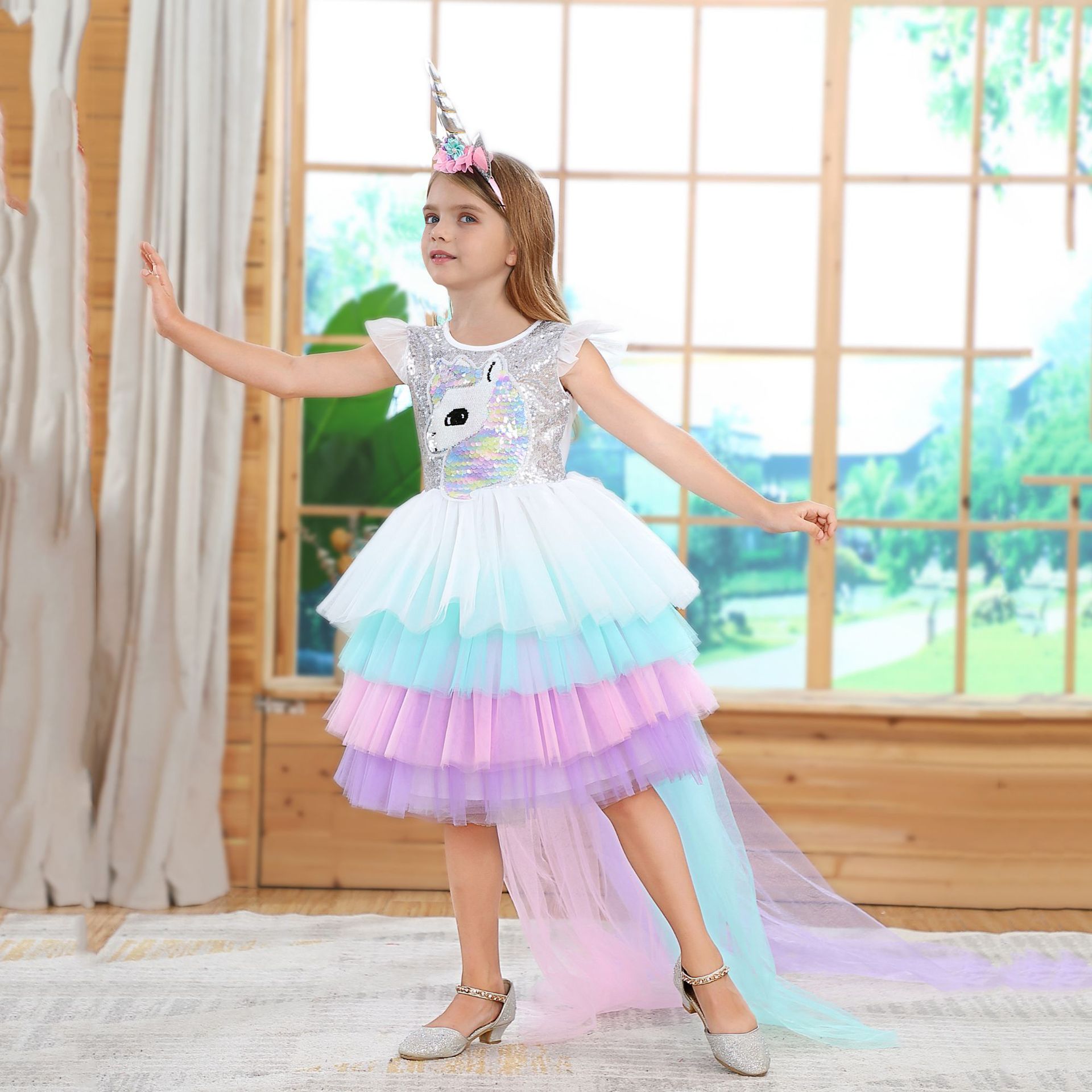 Filles Licorne Princesse Rainbow Mesh Ballet Halloween Robe de Noël