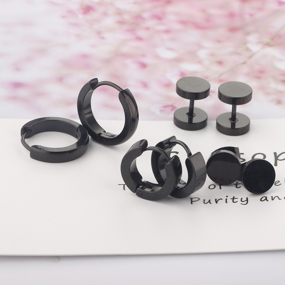 8mm 316L Surgical Steel Earrings Set - Men's Women's Atmospheric Simple Floral Studs (Black 8-Piece) detail image 10