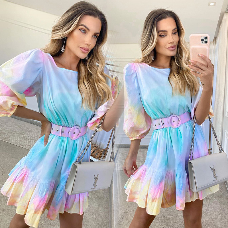 Ruffled Skirt Commute Round Neck Printing 3/4 Length Sleeve Printing Knee-length display picture 1