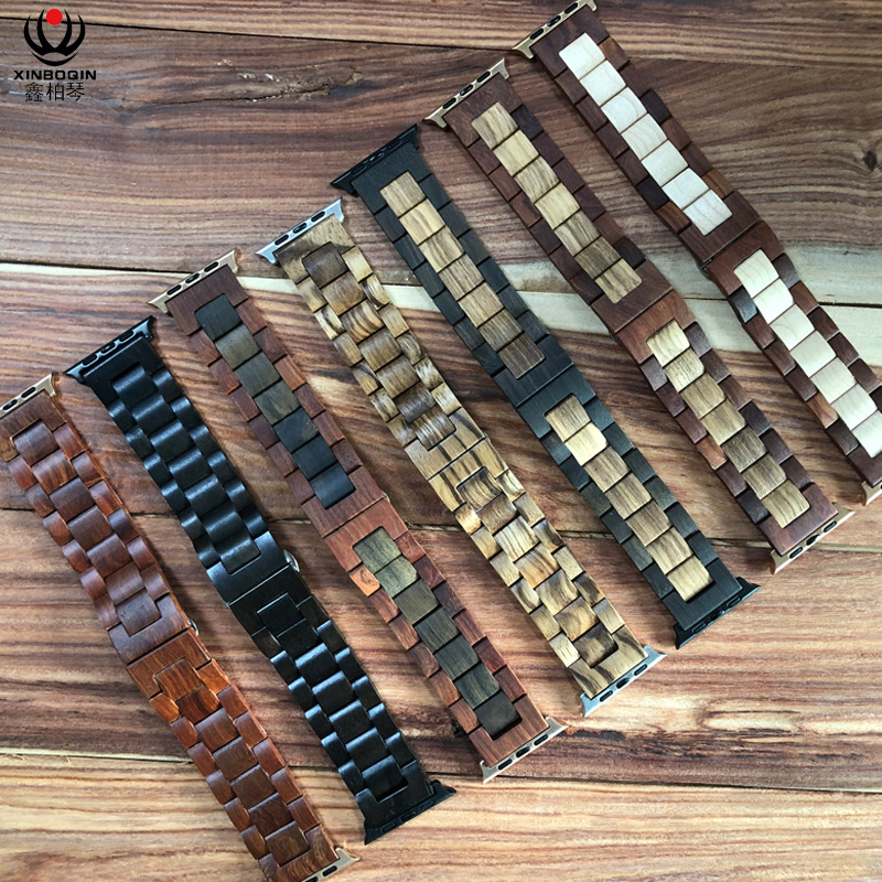 适用苹果iwatch/华为通用表链 蝴蝶扣苹果木质手表表带