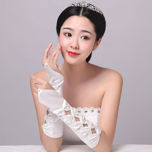 Hook Finger Bridal Wedding Gloves Fingerless Butterfly Beads Hollow Women's Wedding Long Satin Sleeves White Off-White