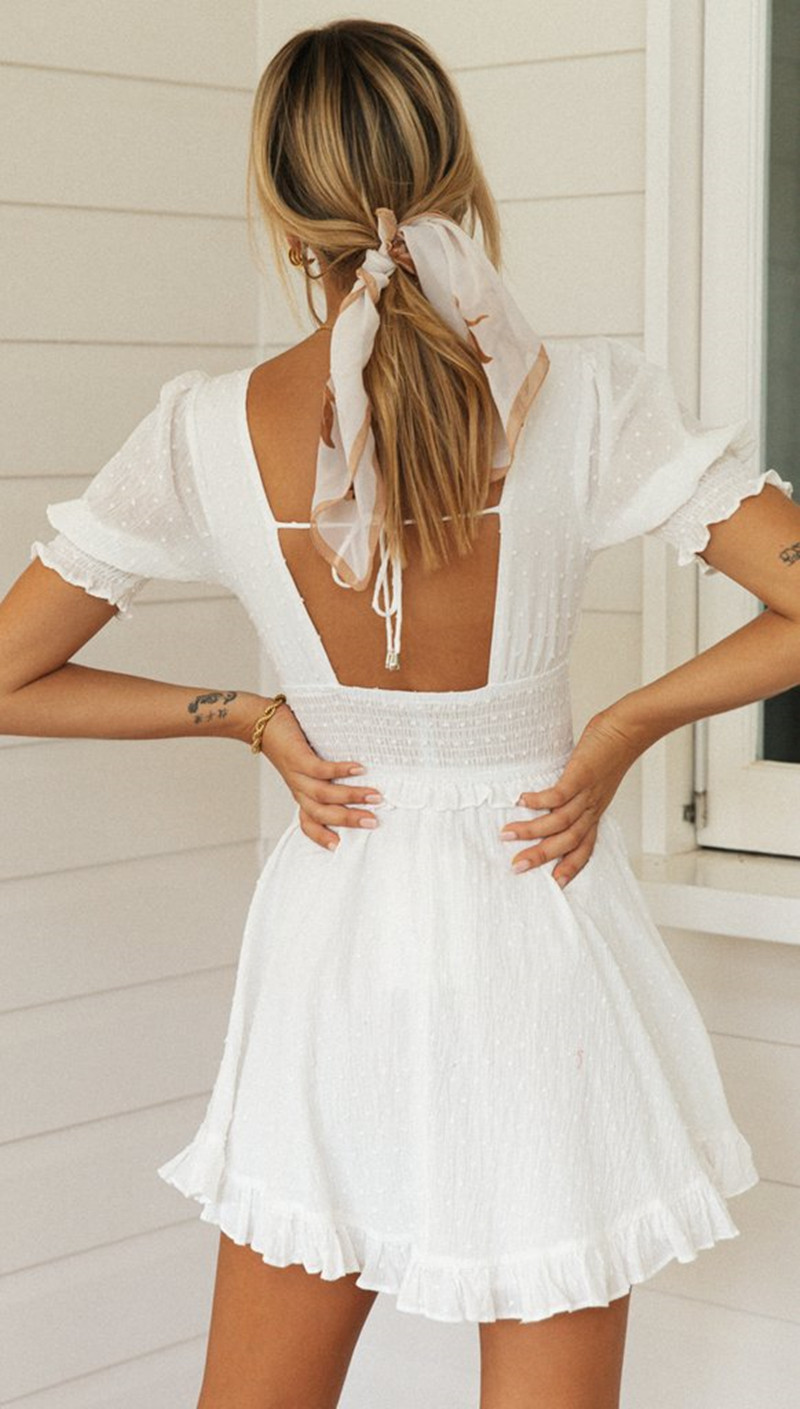 Solid Color Square Neck Puff Sleeve Lace-up Backless Dress NSJKW120434