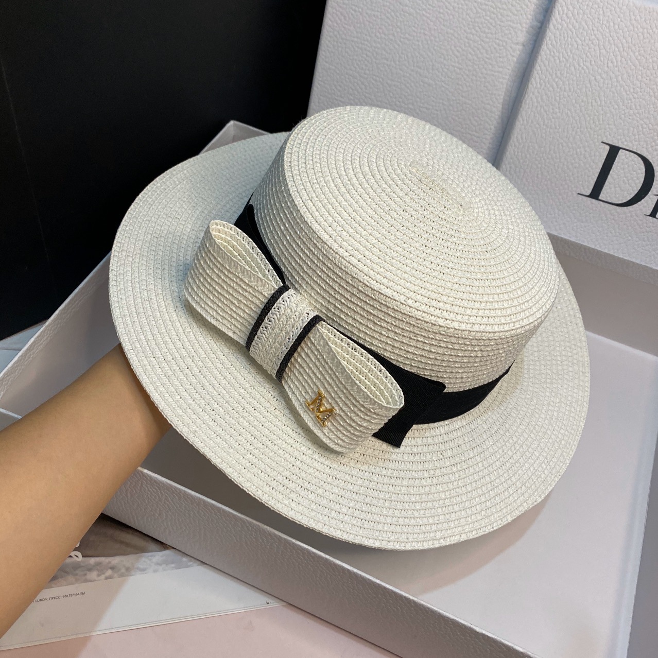 Japanese straw hat summer Dilraba style bow flat top sun hat, wide-brimmed sun hat for outings and sun protection detail image 8