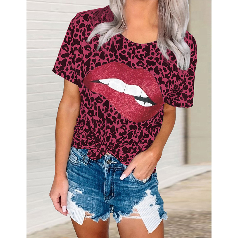 Modelos De Explosión De Verano Labios Impresión Estampado De Leopardo Cuello Redondo Manga Corta Camiseta Tops Al Por Mayor Nihaojewelry display picture 6