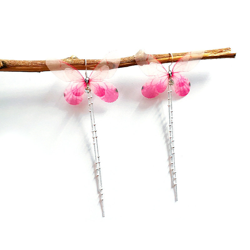 Gauze butterfly wing S925 Sterling Silver Silver ear hook Earrings ancient costume Hanfu Xian Qi temperament Korean Edition