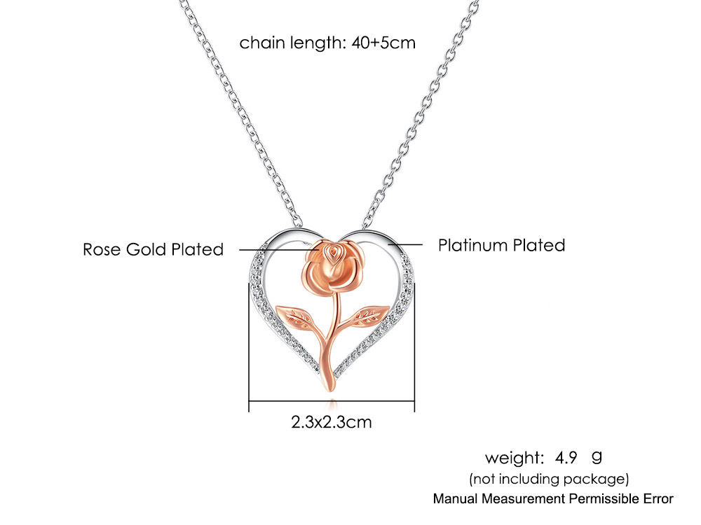 Fashion Heart Shape Rose Copper Inlay Zircon Pendant Necklace 1 Piece