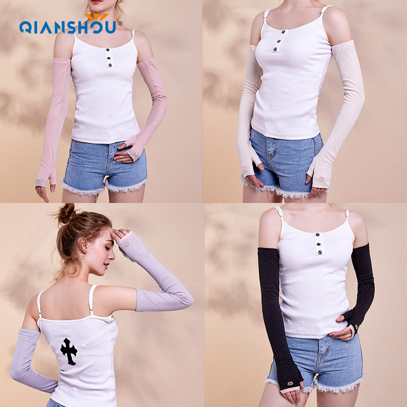 韩版夏季防晒套指袖套纯棉印花长款户外骑行防紫外线手套成人女款