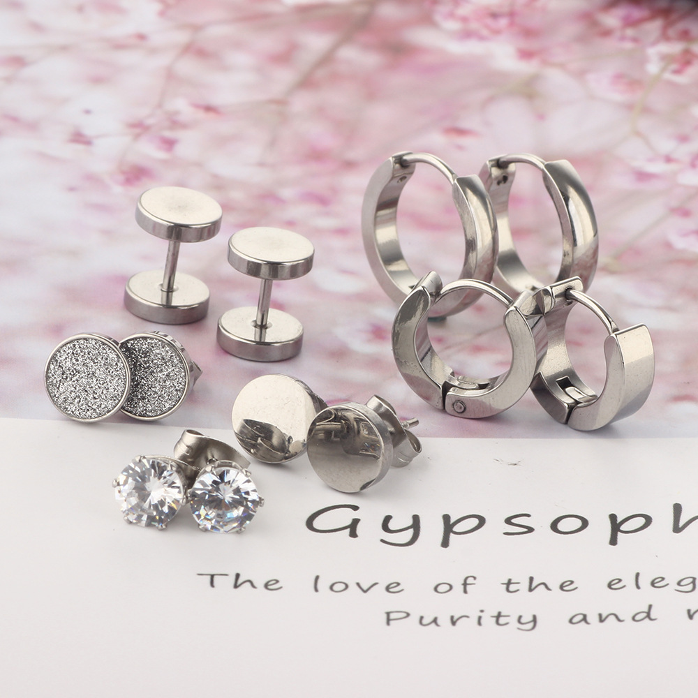 8mm Mixed Black Titanium Steel Ear Studs Set - 12 Pieces Fashion Floral Women Earrings 2023 Spring detail image 7