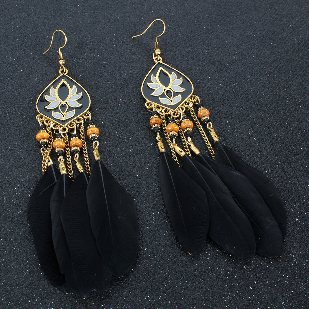 Long Feather Tassel Earrings Exaggerated Indian Style Earrings Women display picture 2