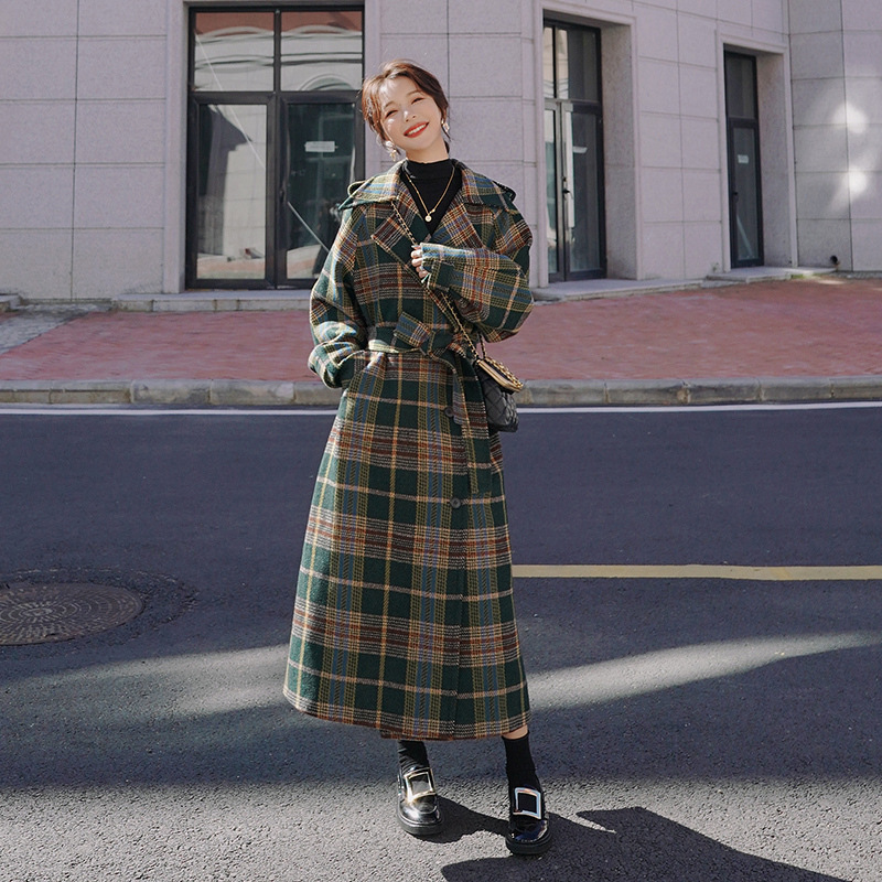 Green Plaid Loose Mid-length Woolen Coat