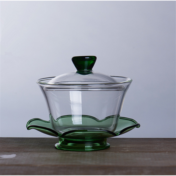 Fábrica al por mayor cubierta de vidrio tazón de vidrio borosilicato sancai taza Kung Fu juego de té tostado taza de té cubierta de la taza