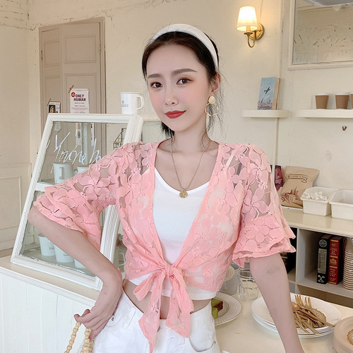 2024 summer versatile small shawl lace hollow cardigan waistcoat thin outer short-sleeved large size short women's sun protection clothing