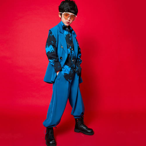 Girls boys blue color street rapper hiphop dance costumes for kids boys gogo dancers hip-hop handsome clothes children stage shows girls jazz dance outfits