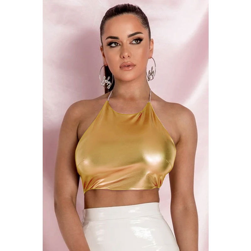 Slim Fit Type Solid Color Pattern Wholesale Women'S Fashion Solid Color Pink Blue Gold Patchwork Straps Hollow Out Tank Tops