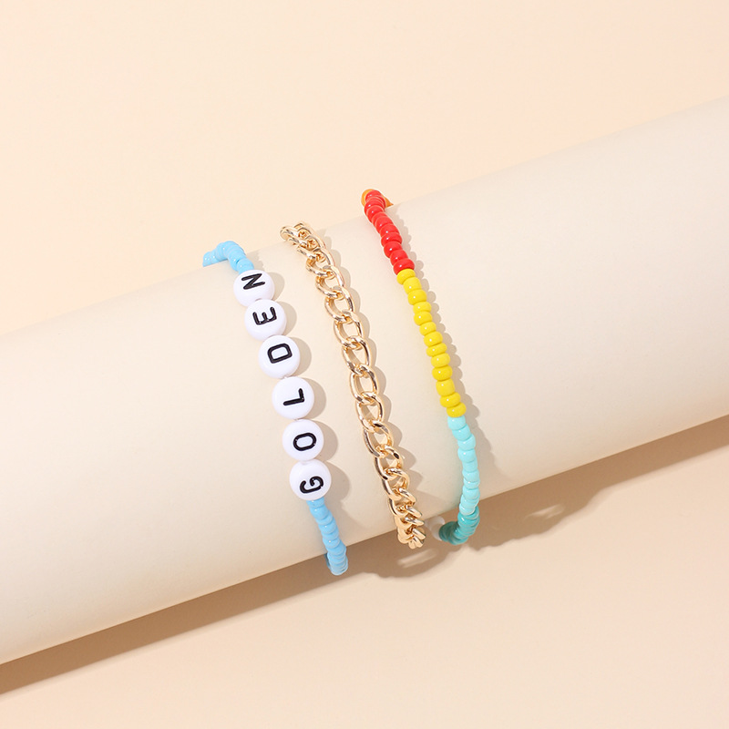 17g Weight Anklet Classification Wedding, Travel Occasion Women'S Gender Beach Style New Fashion Stacking Multi-layer Hand-woven Rice Beads Letter Anklet Set 1