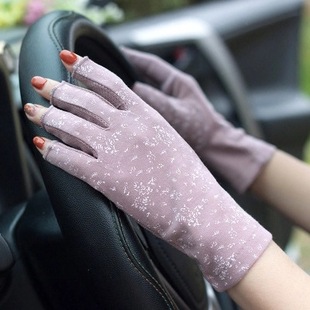 Summer Sun Protection Gloves Half-Finger Women's Short Anti-UV Driving Ultra-Thin Cycling Finger Leakage Pure Cotton Finger Ride