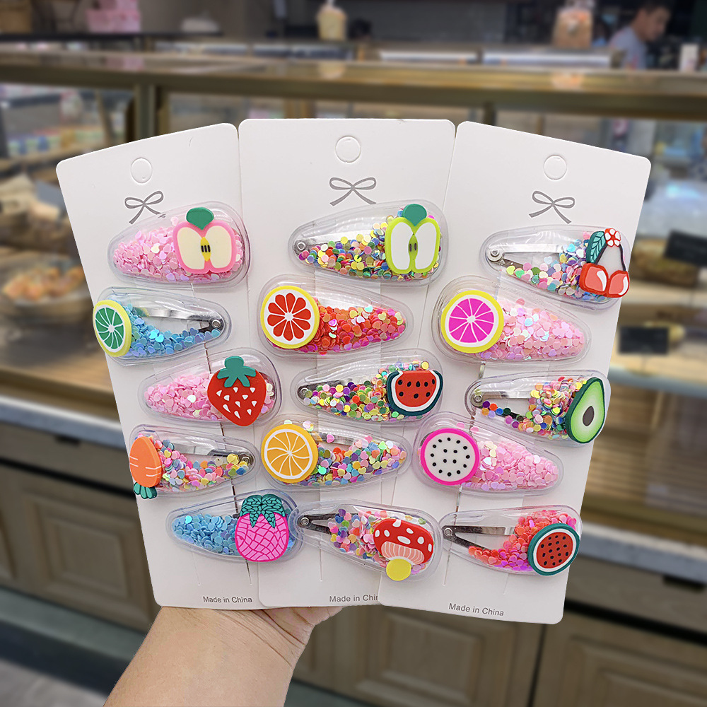 韩版新款彩色透明流沙亮片PVC边儿童可爱软陶水果发卡夹头饰批发