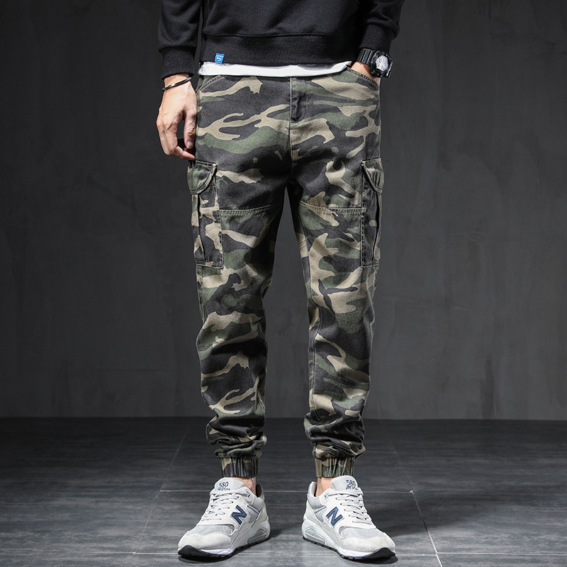 新款迷彩工装裤男弹力束脚纯色裤潮流休闲多口袋宽松裤迷彩裤8611