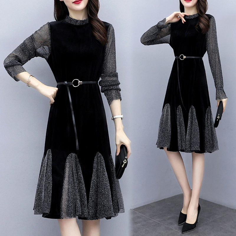 金丝绒2020春秋季新款打底中长款长袖连衣裙女子修身显瘦时尚气质