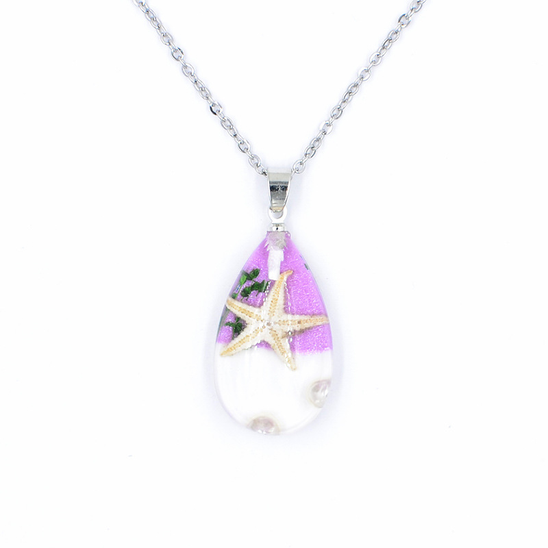 Water Droplets, Starfish Pattern Creative Handmade Resin Starfish Shell Water Drop Stainless Steel Necklace Women's Jewelry Student Travel Necklace