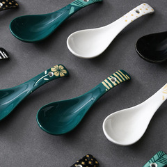 Ceramic small spoon with ink green underglaze painting, ceramic serving spoon for home use, Japanese tableware, peacock green, popular soup spoon