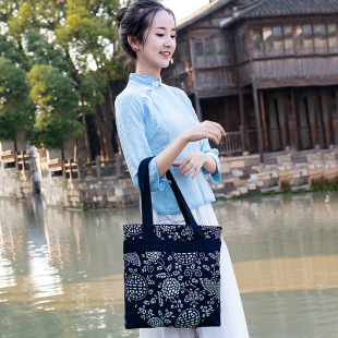 Backpack Casual Blue Printed Cloth Shoulder Bag Handbag Phoenix Ethnic Style Women's Bag Wuzhen Blue Floral Cloth Bag
